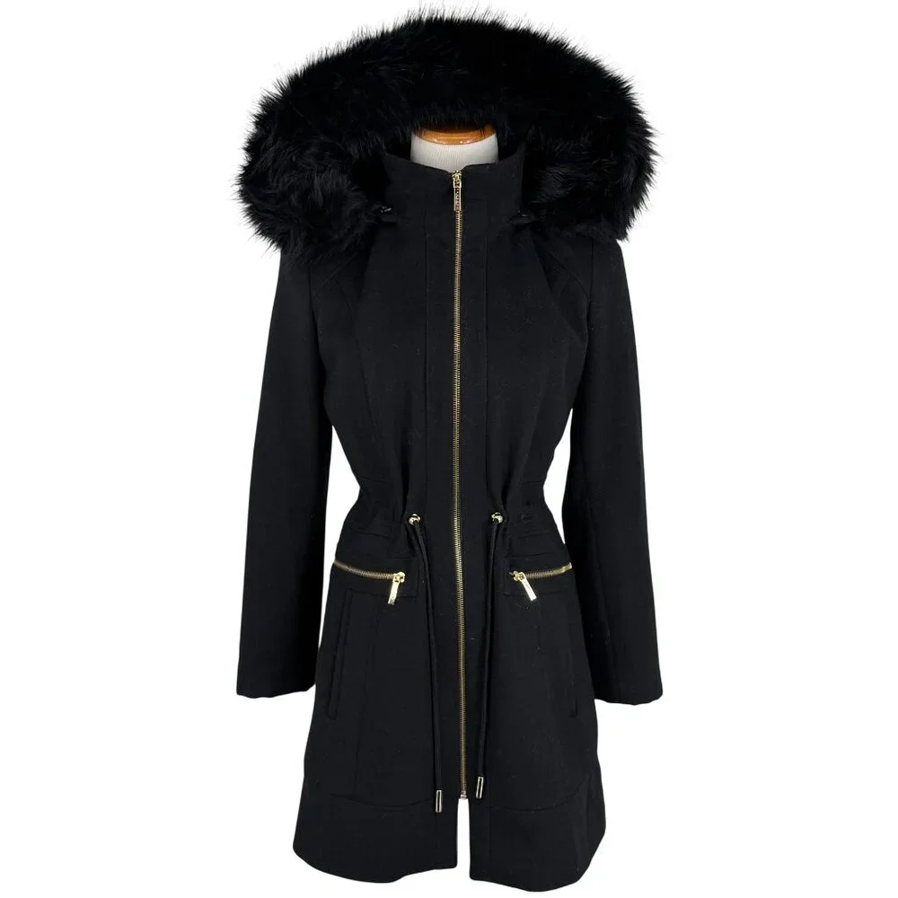 Laundry By Shelli Segal Black Wool Faux Fur Trim Hooded Coat | Cozy Quiet Luxury - Picture 10 of 16